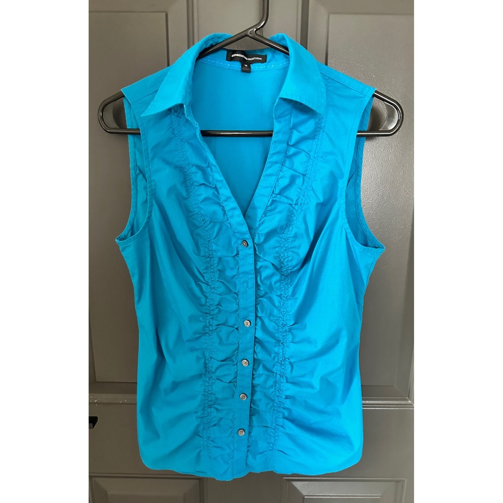 Express Studio Womens Turquoise Blue Ruffle Front Sleeveless Blouse Size M